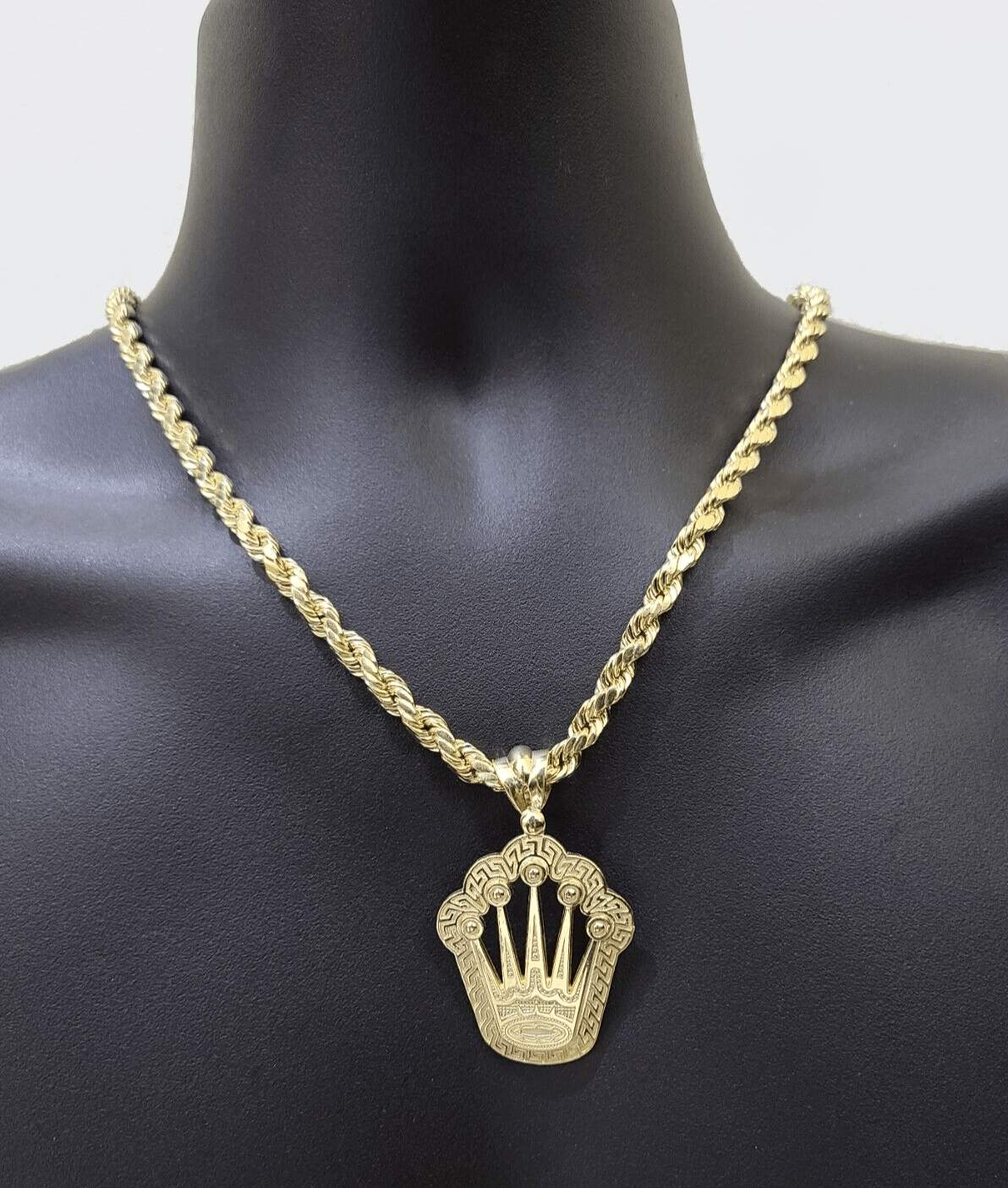 10k Yellow Gold Crown Charm Rope Chain 7mm 26'' Necklace Pendant 10kt Real SALE - GoldenlinQ
